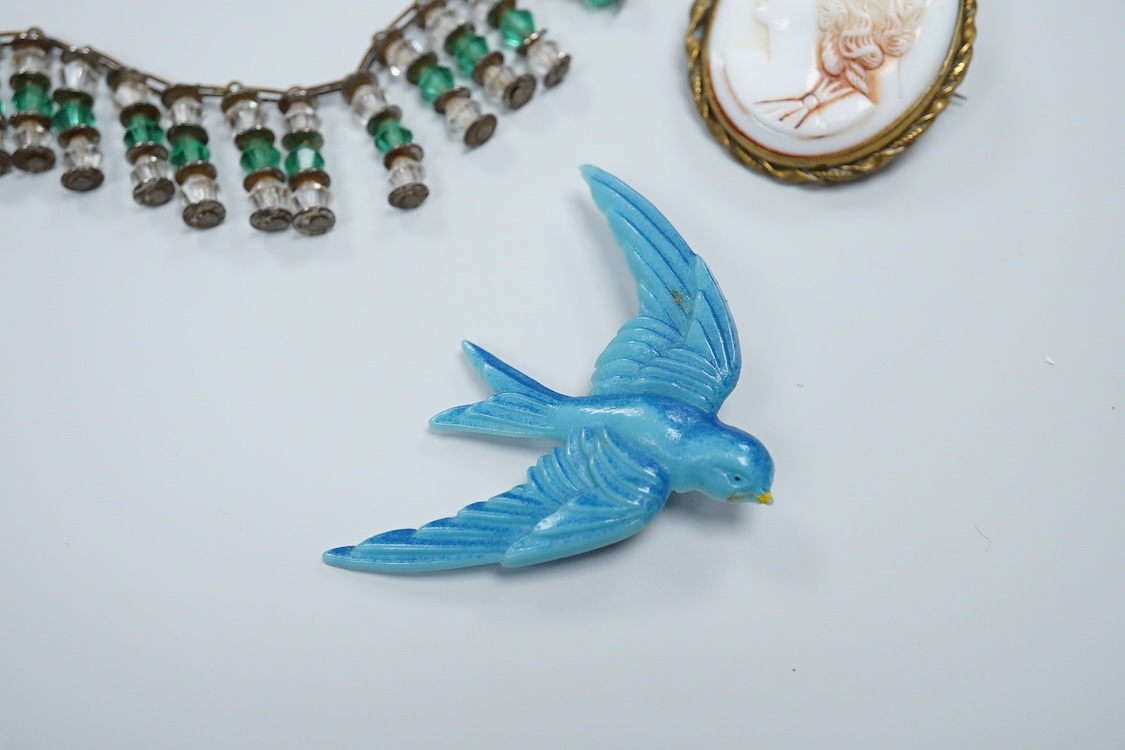 A group of mainly antique jewellery including micro-mosaic plaque, a pair of 9ct and coral drop earrings, a silver bangle, a George V enamel and silver brooch(a.f.) etc.